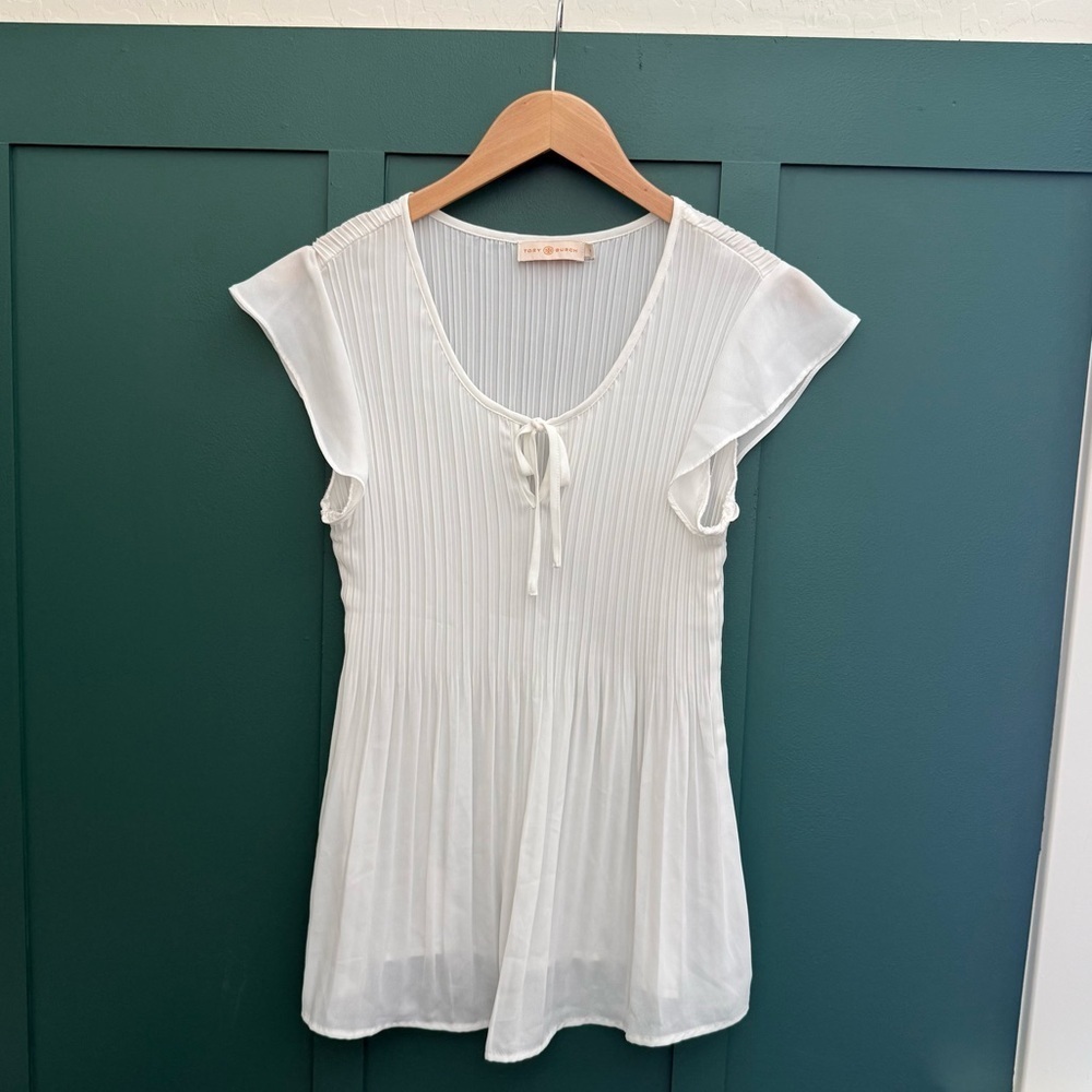 Tory Burch White Pleated Blouse w/ Front Tie